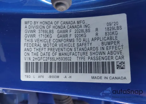 2020 Honda Civic Lx из США, поврежденный, VIN 2HGFC2F66LH593602